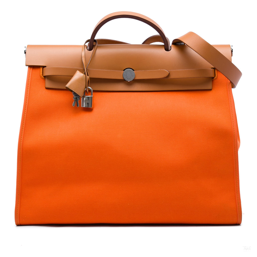 Second hand Hermes Herbag 39 Leather & Canvas 1 Pouch Top-handle Handbag Orange - Tabita Bags