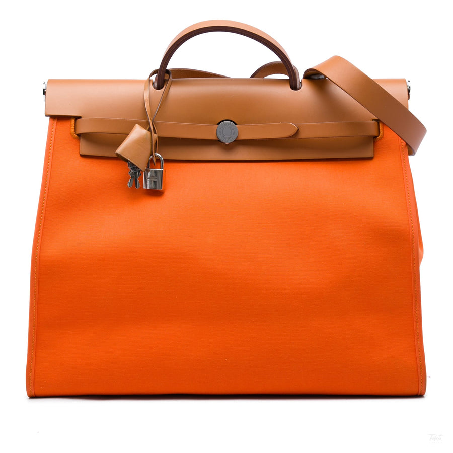 Second hand Hermes Herbag 39 Leather & Canvas 1 Pouch Top-handle Handbag Orange - Tabita Bags