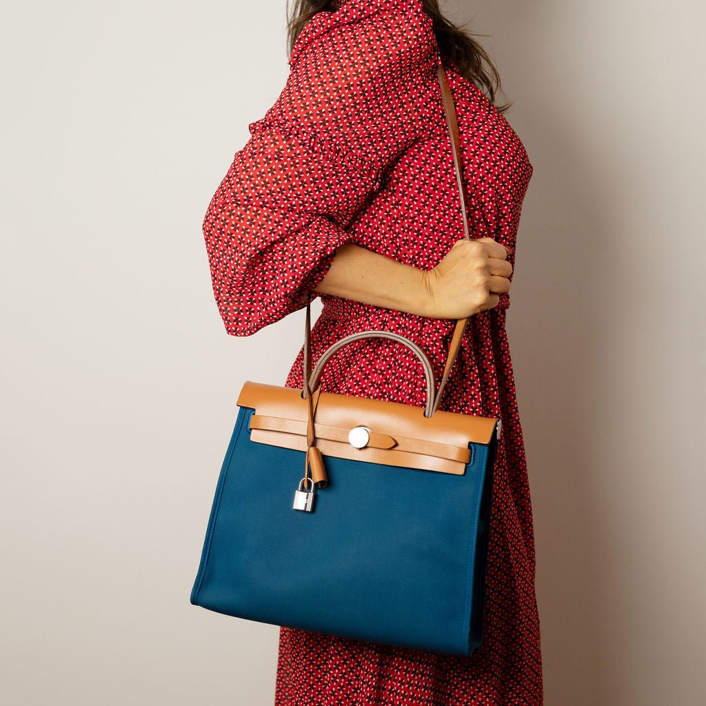 Second hand Hermes Herbag PM Canvas 1 pouch Top - Handle Handbag Blue - Tabita Bags