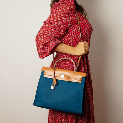 Second hand Hermes Herbag PM Canvas 1 pouch Top - Handle Handbag Blue - Tabita Bags