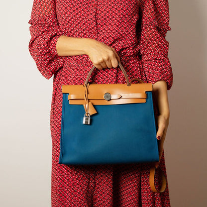 Second hand Hermes Herbag PM Canvas 1 pouch Top - Handle Handbag Blue - Tabita Bags