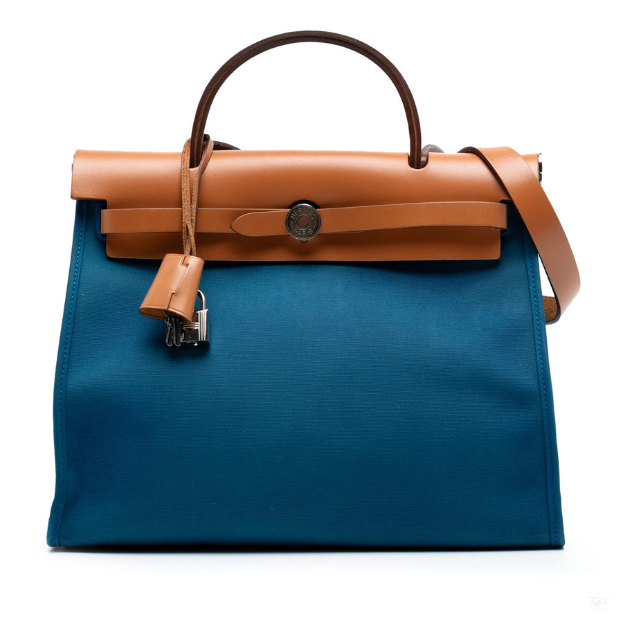 Second hand Hermes Herbag PM Canvas 1 pouch Top - Handle Handbag Blue - Tabita Bags