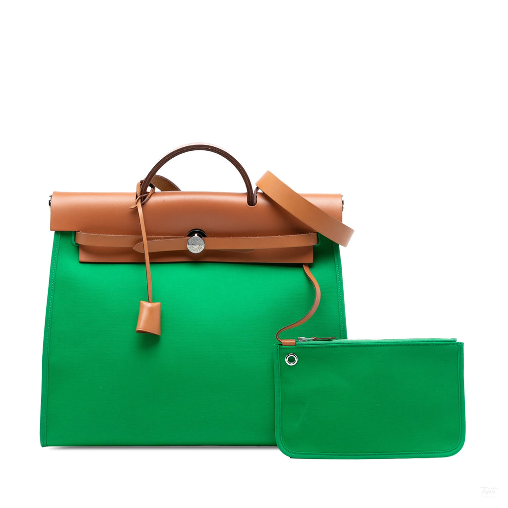 Second hand Hermes Herbag PM Canvas 1 pouch Top - handle Handbag Green - Tabita Bags
