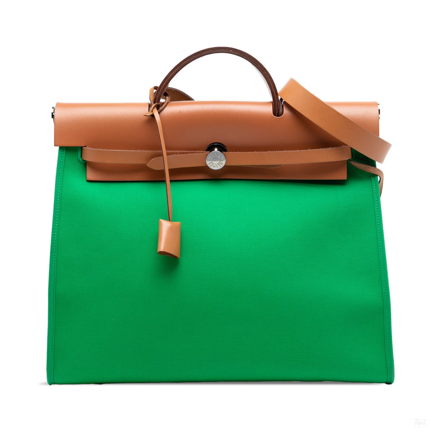 Second hand Hermes Herbag PM Canvas 1 pouch Top - handle Handbag Green - Tabita Bags