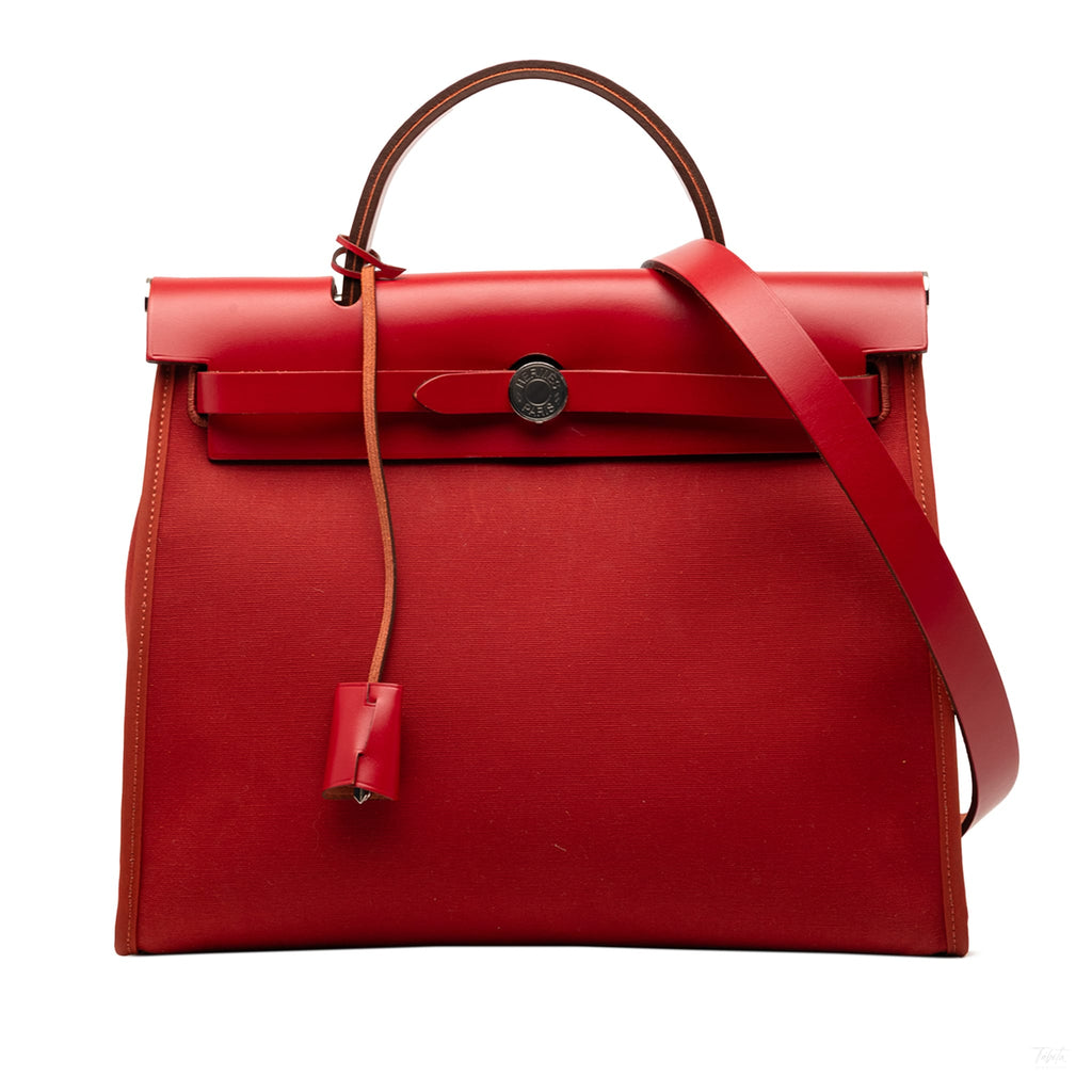 Second hand Hermes Herbag PM Canvas 1 pouch Top - handle Handbag Red - Tabita Bags
