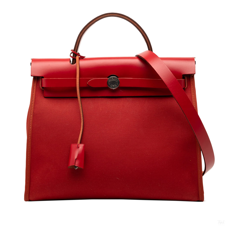 Second hand Hermes Herbag PM Canvas 1 pouch Top - handle Handbag Red - Tabita Bags