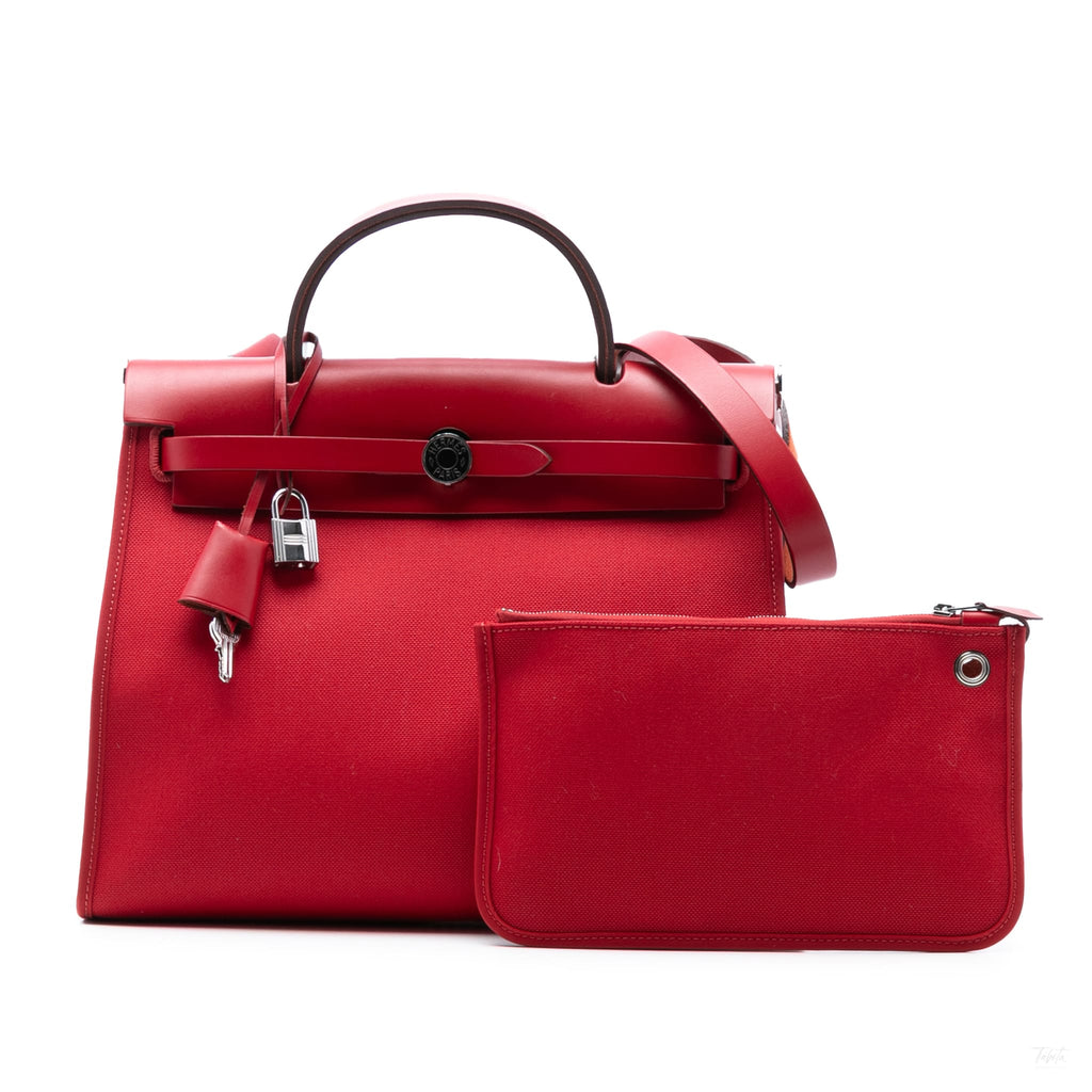 Second hand Hermes Herbag PM Canvas 1 pouch Top - Handle Handbag Red - Tabita Bags