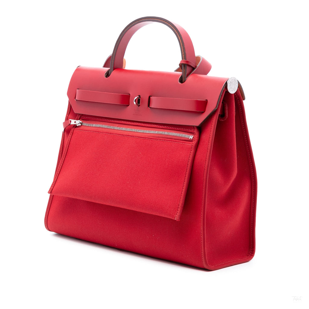 Second hand Hermes Herbag PM Canvas 1 pouch Top - Handle Handbag Red - Tabita Bags