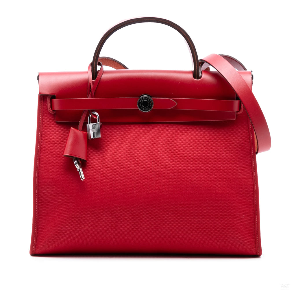 Second hand Hermes Herbag PM Canvas 1 pouch Top - Handle Handbag Red - Tabita Bags