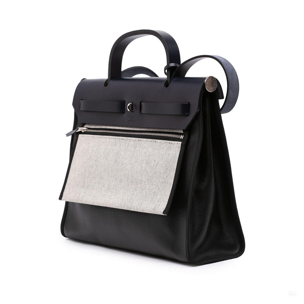Second hand Hermes Herbag PM Toile H Berline Leather & Canvas Zip Top-handle Handbag Black - Tabita Bags