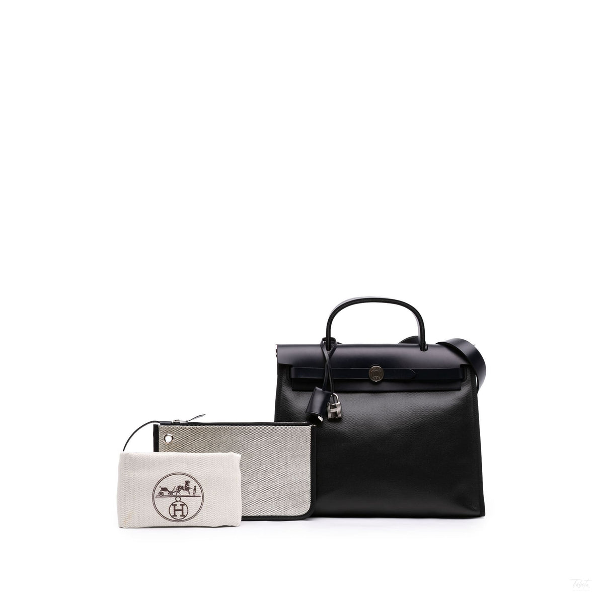 Second hand Hermes Herbag PM Toile H Berline Leather & Canvas Zip Top-handle Handbag Black - Tabita Bags