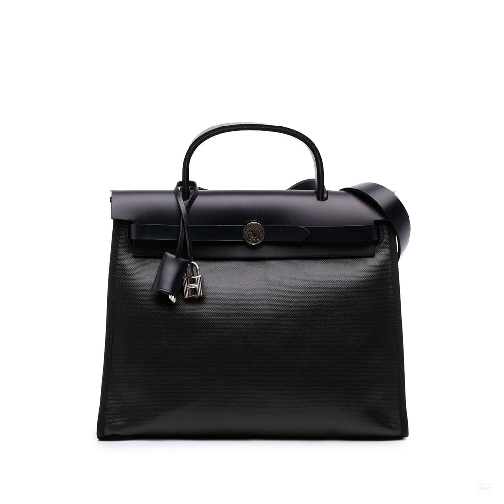 Second hand Hermes Herbag PM Toile H Berline Leather & Canvas Zip Top-handle Handbag Black - Tabita Bags