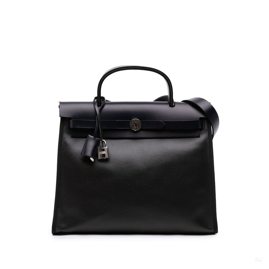 Second hand Hermes Herbag PM Toile H Berline Leather & Canvas Zip Top-handle Handbag Black - Tabita Bags
