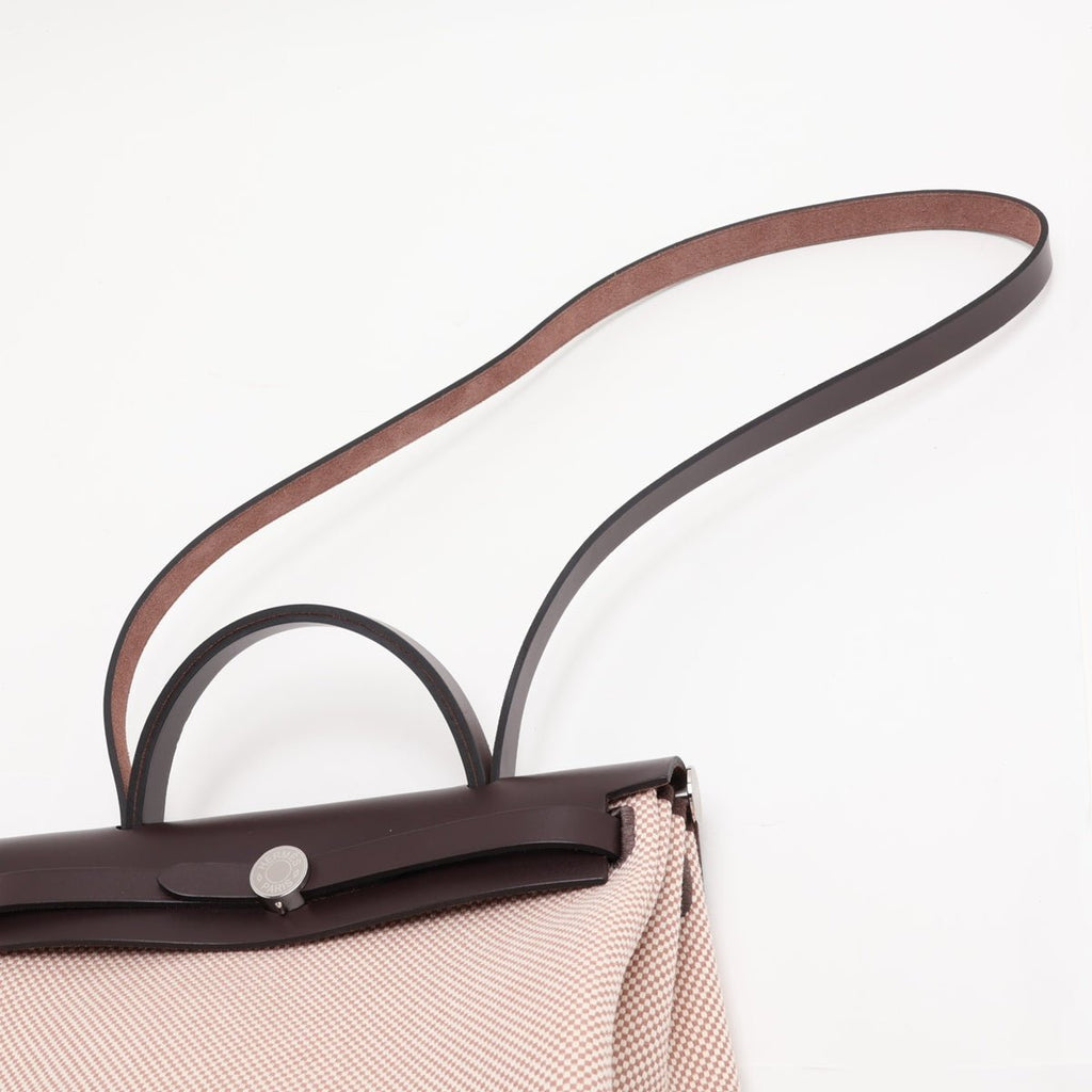 Second hand Hermes Herbag PM Toile Officier × Vache Hunter Leather & Canvas Zip Top-handle Handbag Beige - Tabita Bags