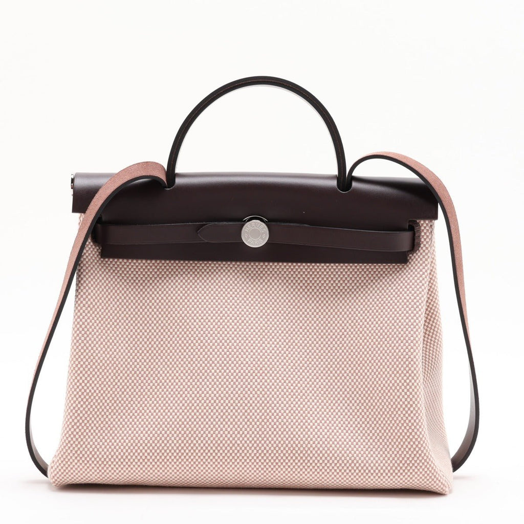 Second hand Hermes Herbag PM Toile Officier × Vache Hunter Leather & Canvas Zip Top-handle Handbag Beige - Tabita Bags