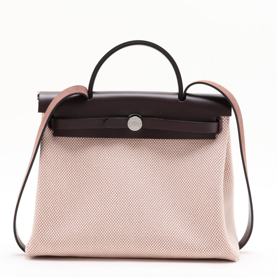 Second hand Hermes Herbag PM Toile Officier × Vache Hunter Leather & Canvas Zip Top-handle Handbag Beige - Tabita Bags
