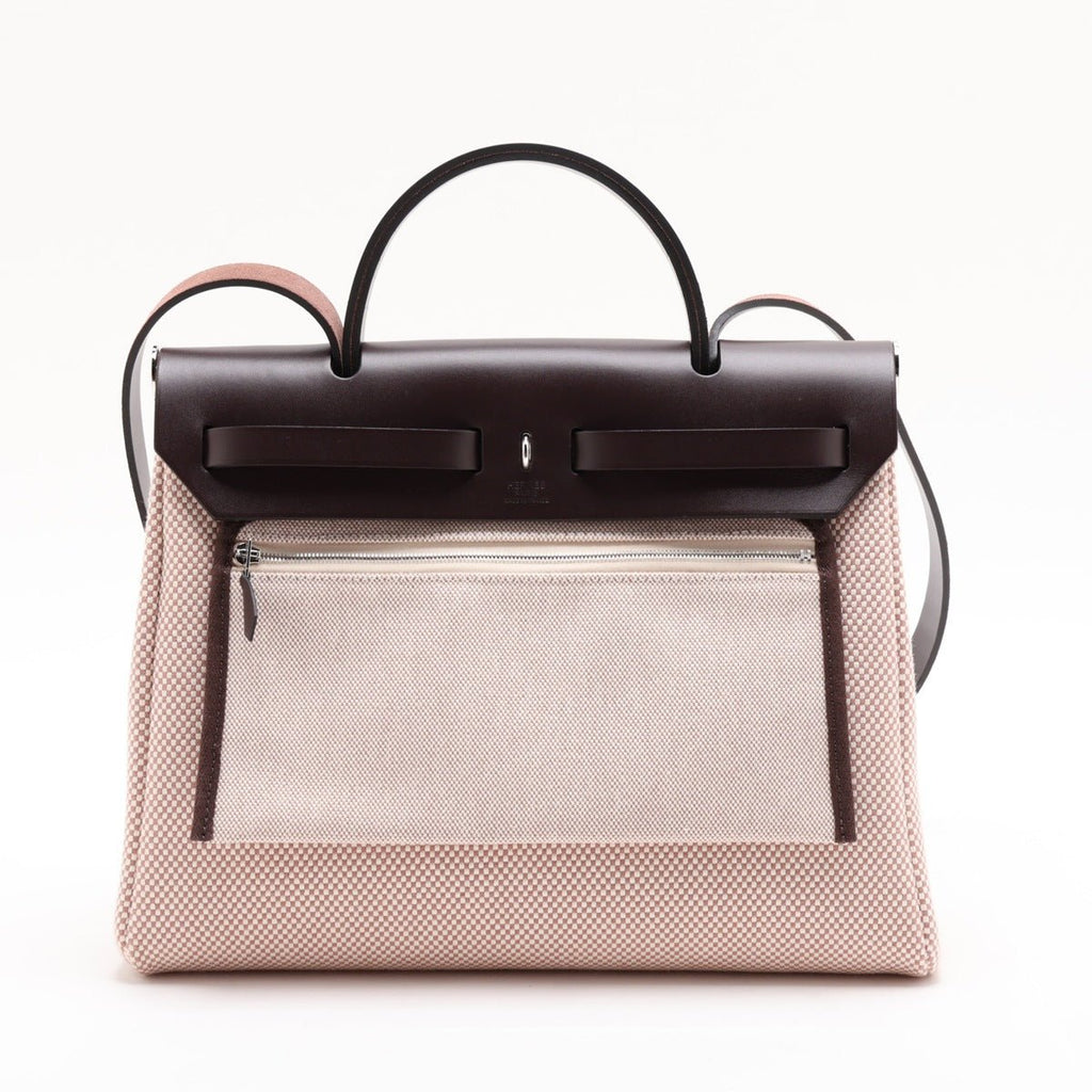 Second hand Hermes Herbag PM Toile Officier × Vache Hunter Leather & Canvas Zip Top-handle Handbag Beige - Tabita Bags
