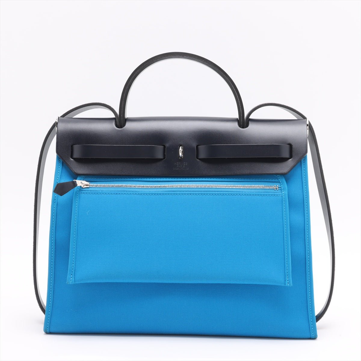 Second hand Hermes Herbag PM Toile Officier × Vache Hunter Leather & Canvas Zip Top-handle Handbag Blue - Tabita Bags