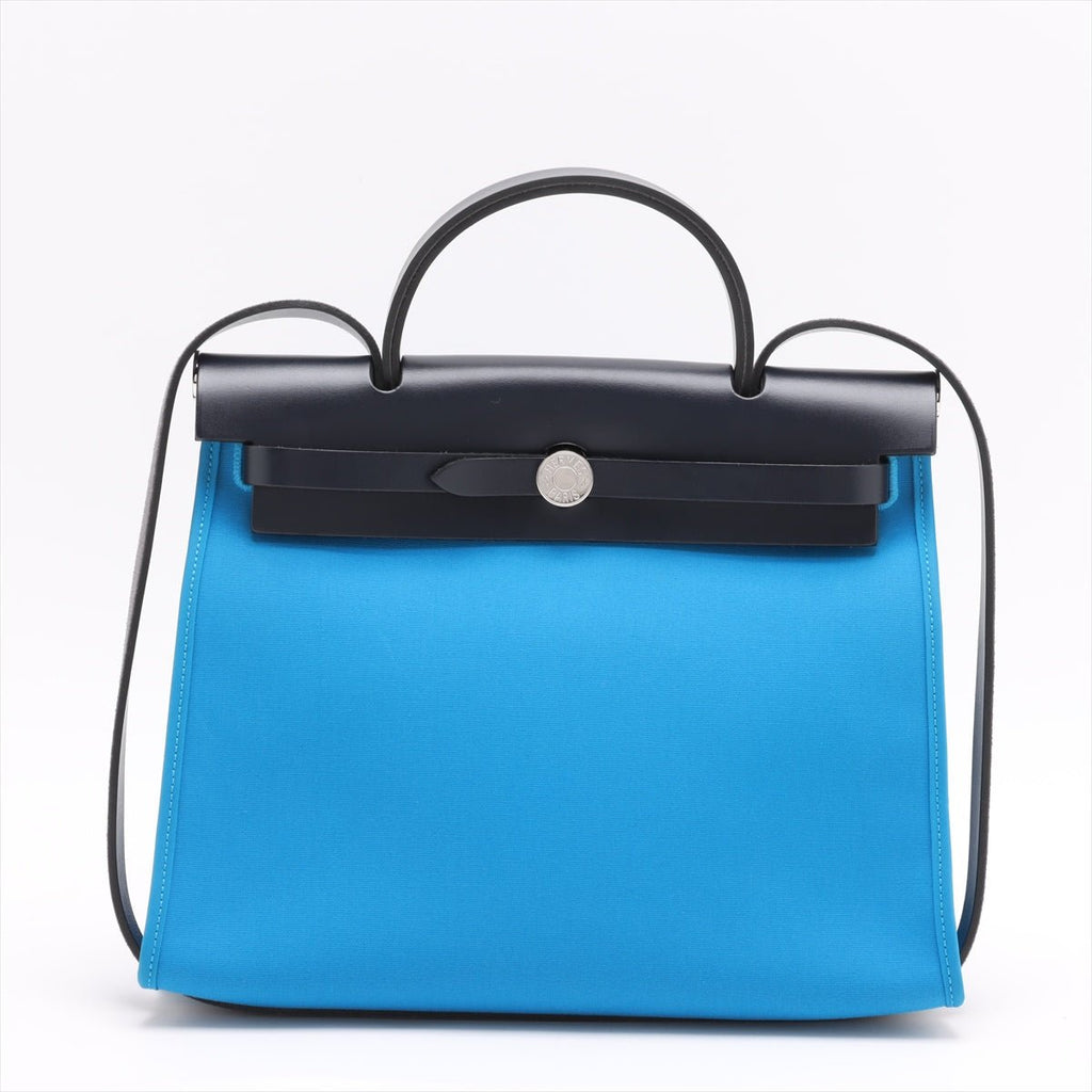 Second hand Hermes Herbag PM Toile Officier × Vache Hunter Leather & Canvas Zip Top-handle Handbag Blue - Tabita Bags