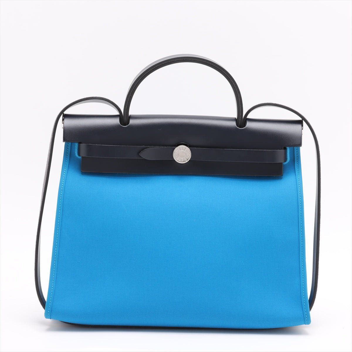 Second hand Hermes Herbag PM Toile Officier × Vache Hunter Leather & Canvas Zip Top-handle Handbag Blue - Tabita Bags