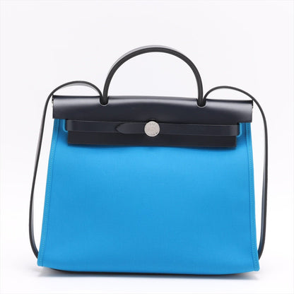 Second hand Hermes Herbag PM Toile Officier × Vache Hunter Leather & Canvas Zip Top-handle Handbag Blue - Tabita Bags