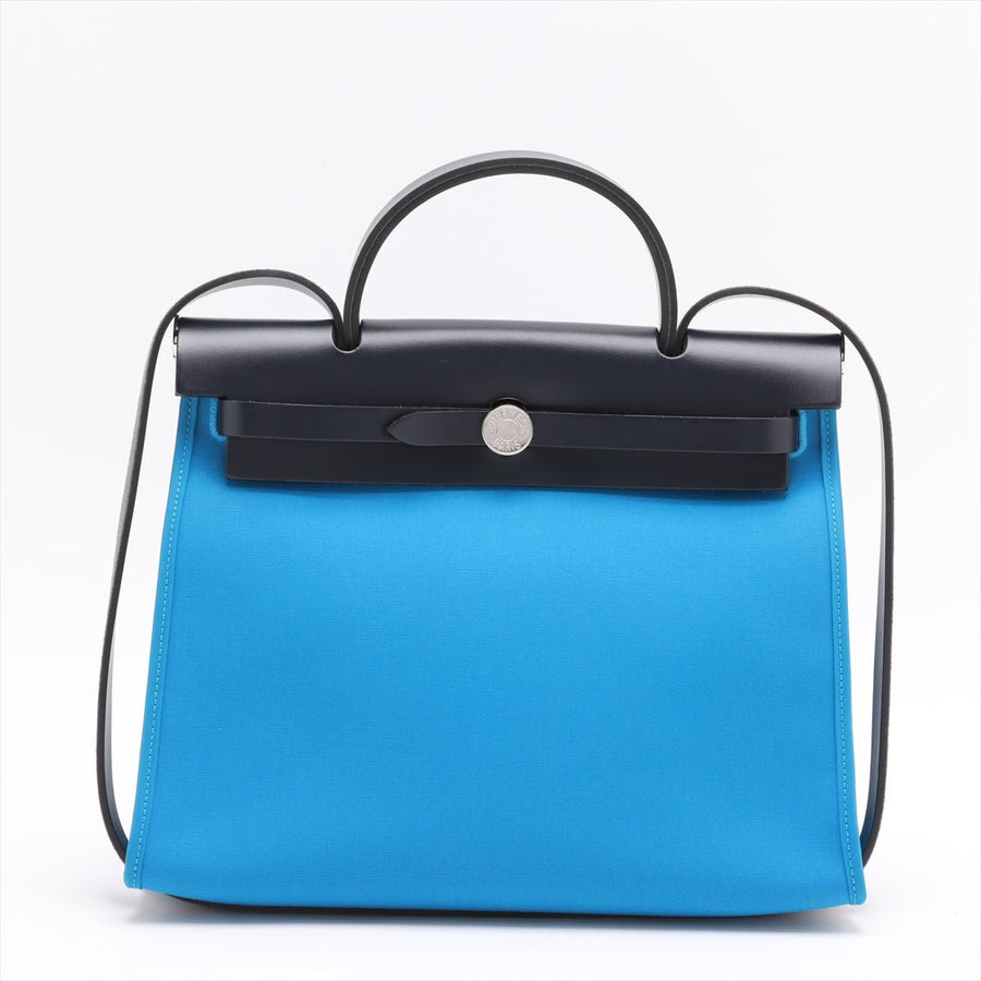 Second hand Hermes Herbag PM Toile Officier × Vache Hunter Leather & Canvas Zip Top-handle Handbag Blue - Tabita Bags