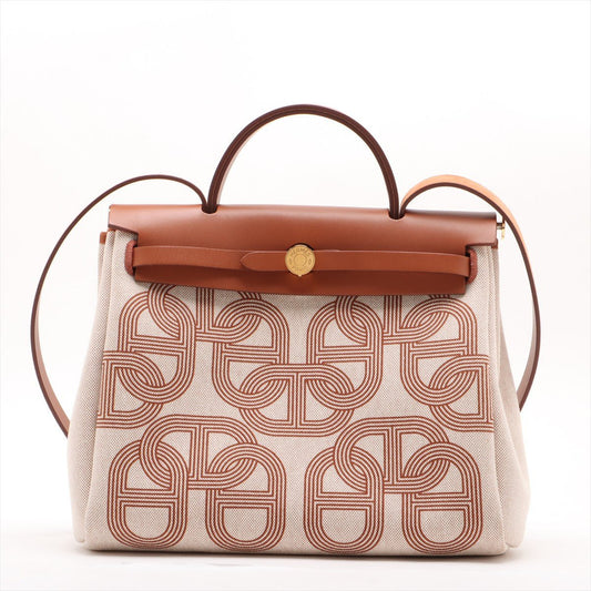Second hand Hermes Herbag PM Twill Ash & Vache Hunter Leather & Canvas Zip Top-handle Handbag Beige - Tabita Bags