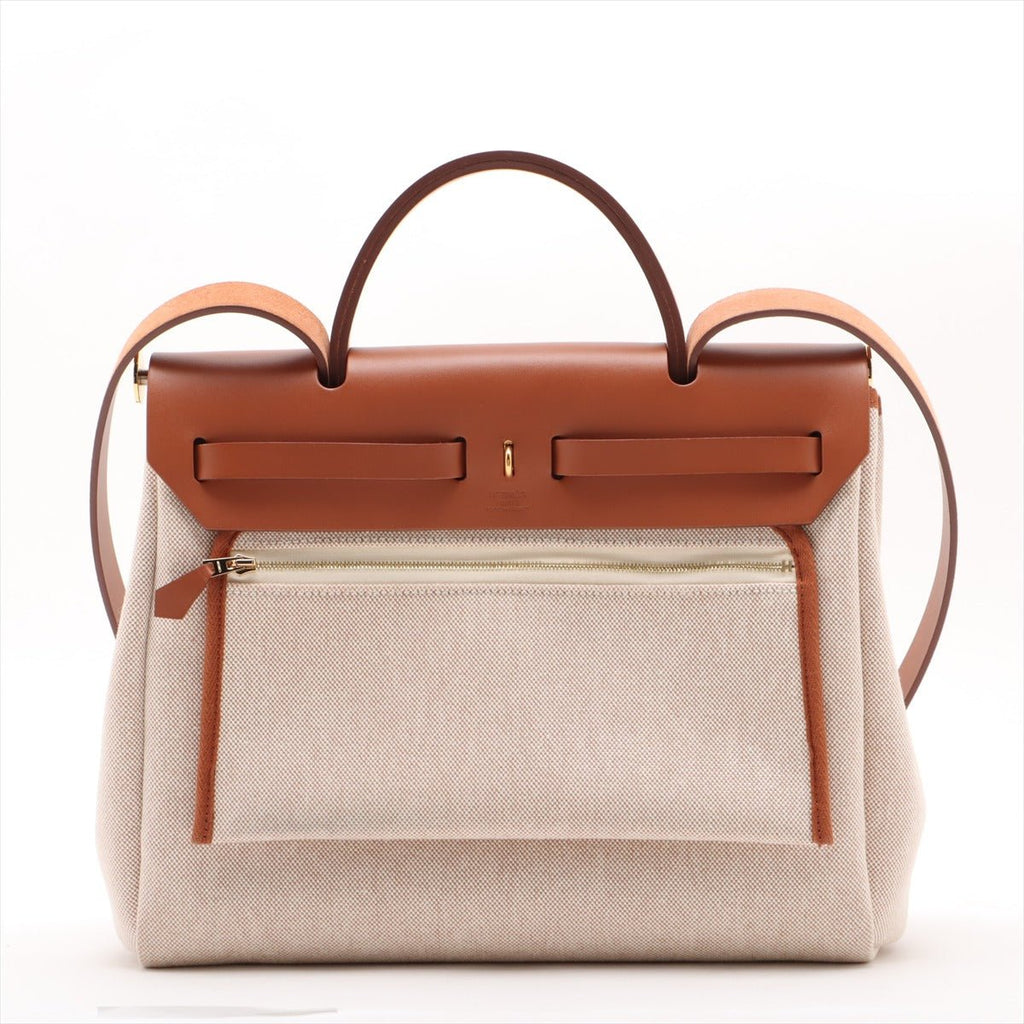 Second hand Hermes Herbag PM Twill Ash & Vache Hunter Leather & Canvas Zip Top-handle Handbag Beige - Tabita Bags