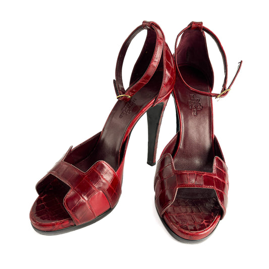 Second hand Hermes Holy 125 Alligator Exotic Leather Sandals 39 Burgundy - Tabita Bags