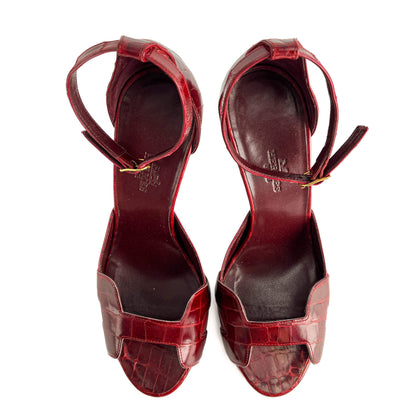 Second hand Hermes Holy 125 Alligator Exotic Leather Sandals 39 Burgundy - Tabita Bags