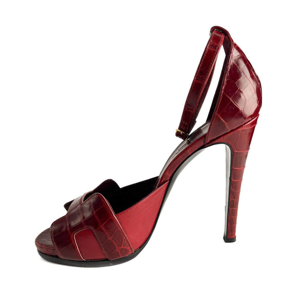 Second hand Hermes Holy 125 Alligator Exotic Leather Sandals 39 Burgundy - Tabita Bags