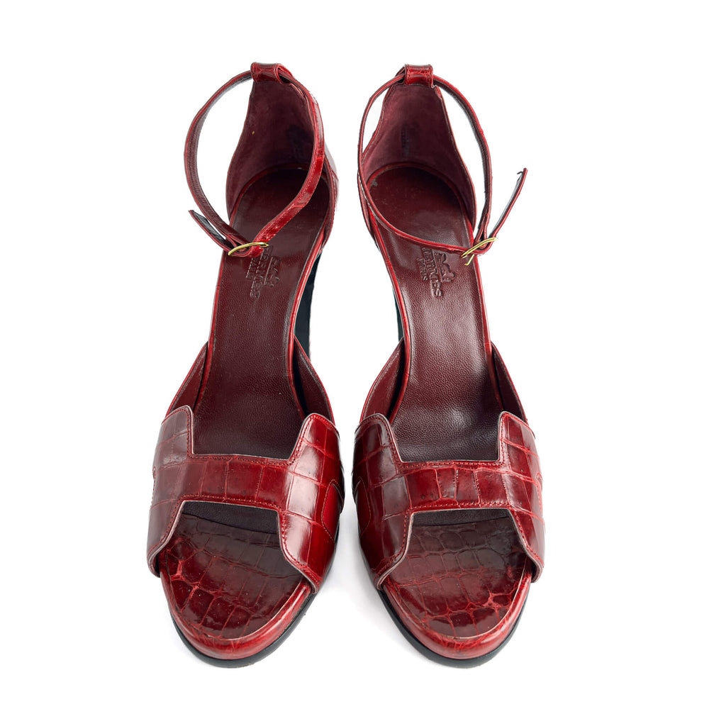 Second hand Hermes Holy 125 Alligator Exotic Leather Sandals 39 Burgundy - Tabita Bags