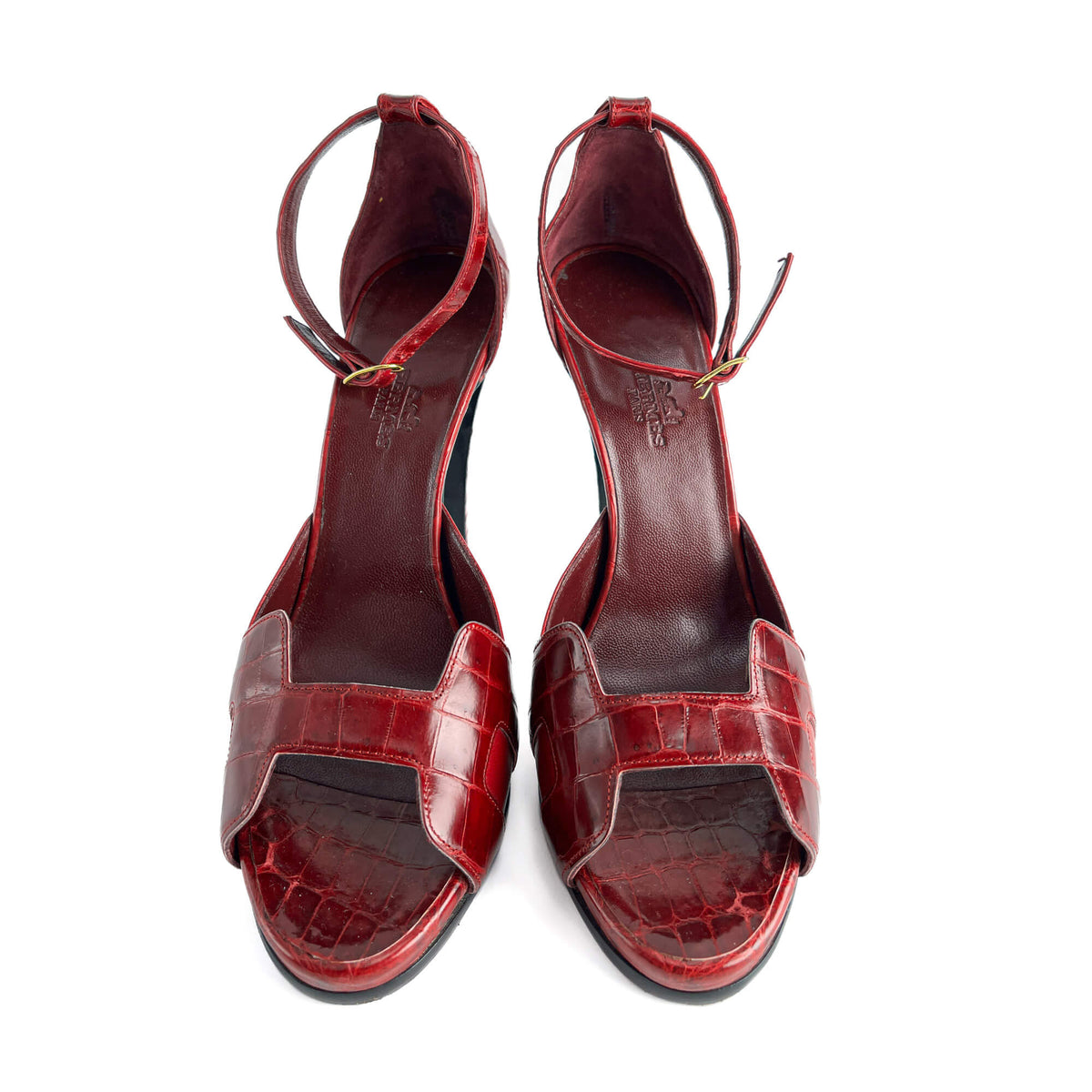 Second hand Hermes Holy 125 Alligator Exotic Leather Sandals 39 Burgundy - Tabita Bags