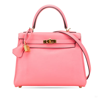 Second hand Hermes Kelly 25 Swift Leather Retourne Top - handle Handbag Rose Lipstick - Tabita Bags