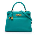 Second hand Hermes Kelly 28 Clemence Leather Retourne Top-handle Handbag Blue - Tabita Bags