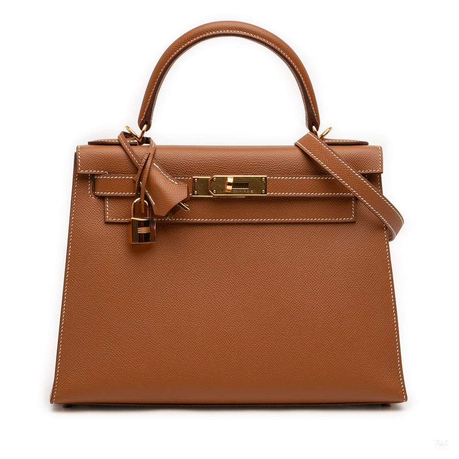 Second hand Hermes Kelly 28 Epsom Leather Sellier Top - handle Handbag Gold - Tabita Bags