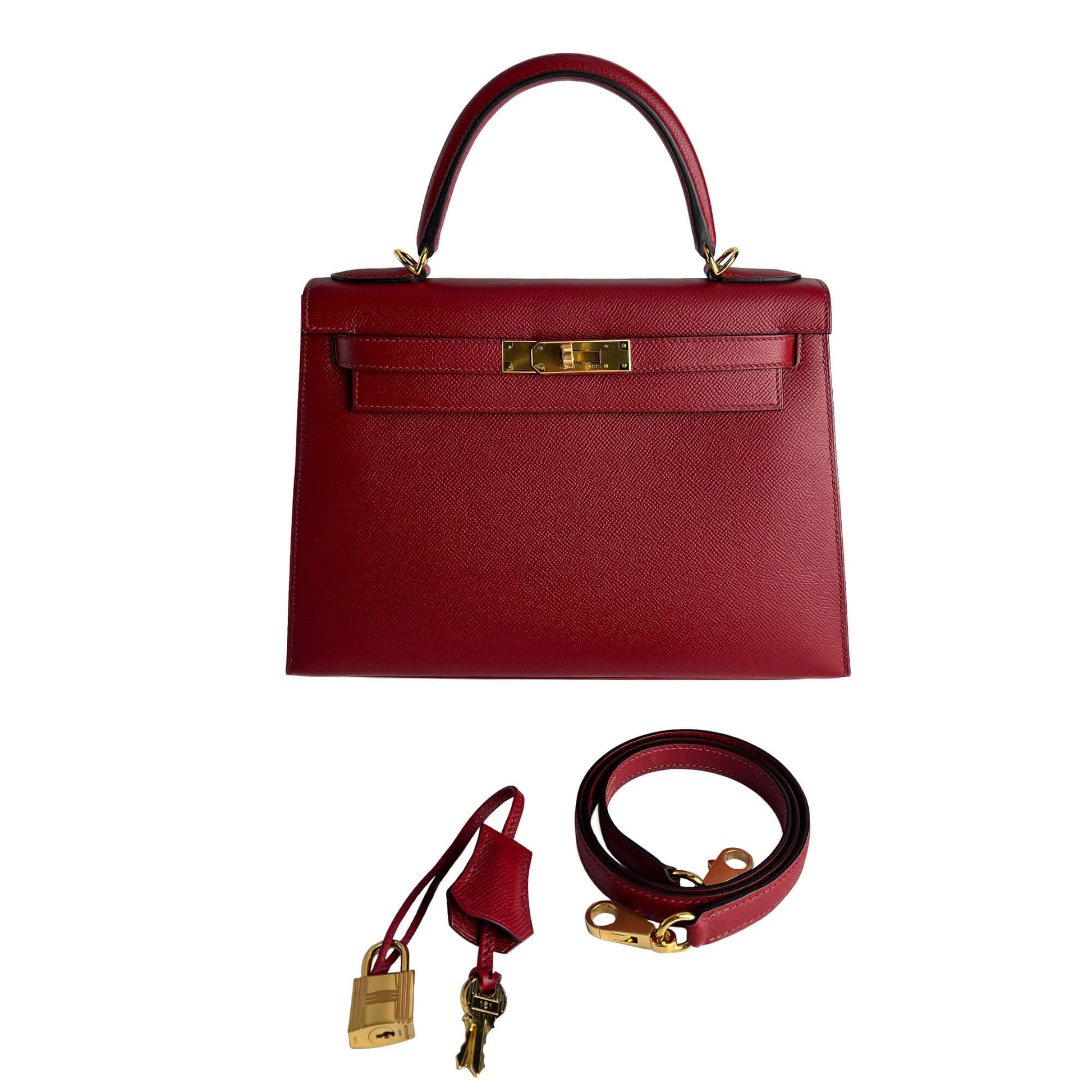 Second hand Hermes Kelly 28 Epsom Leather Sellier Top - handle Handbag Rouge Grenat - Tabita Bags