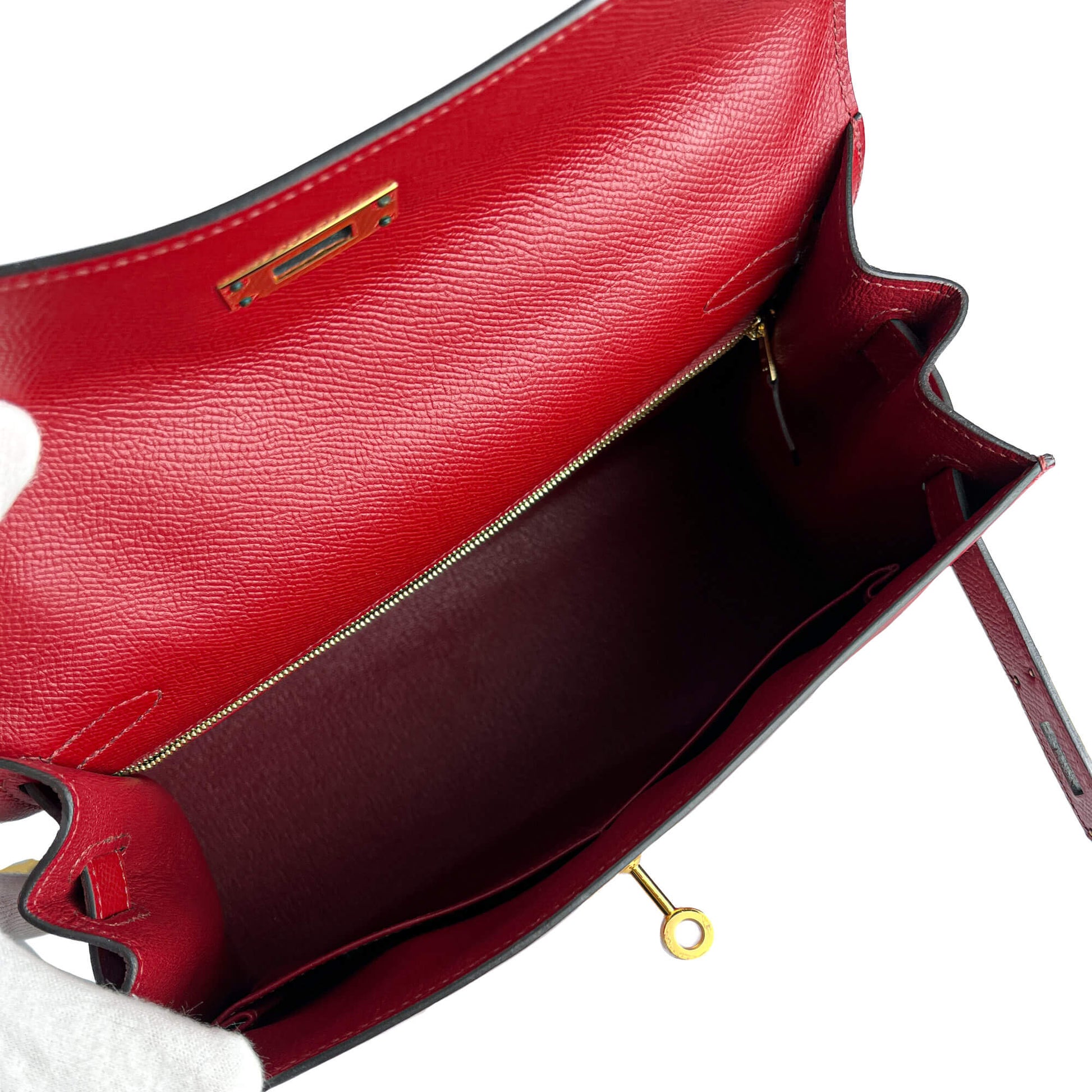 Second hand Hermes Kelly 28 Epsom Leather Sellier Top - handle Handbag Rouge Grenat - Tabita Bags