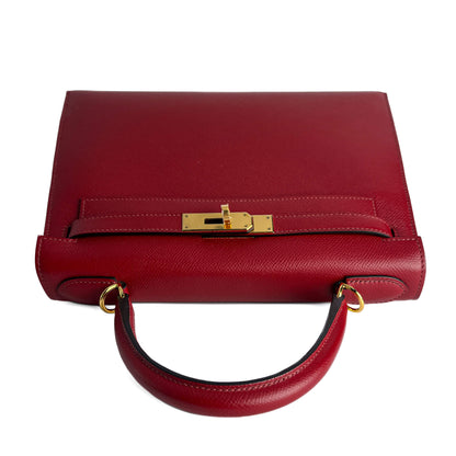 Second hand Hermes Kelly 28 Epsom Leather Sellier Top - handle Handbag Rouge Grenat - Tabita Bags