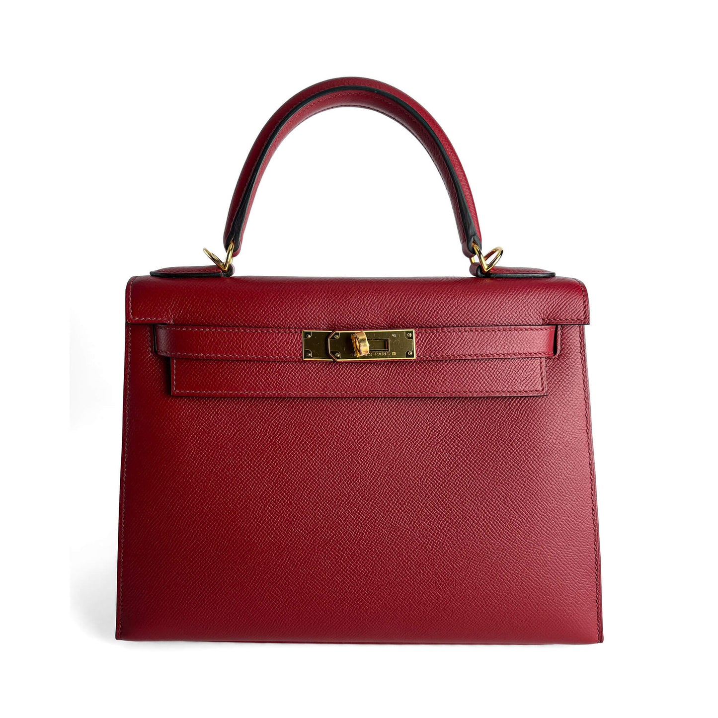 Second hand Hermes Kelly 28 Epsom Leather Sellier Top - handle Handbag Rouge Grenat - Tabita Bags