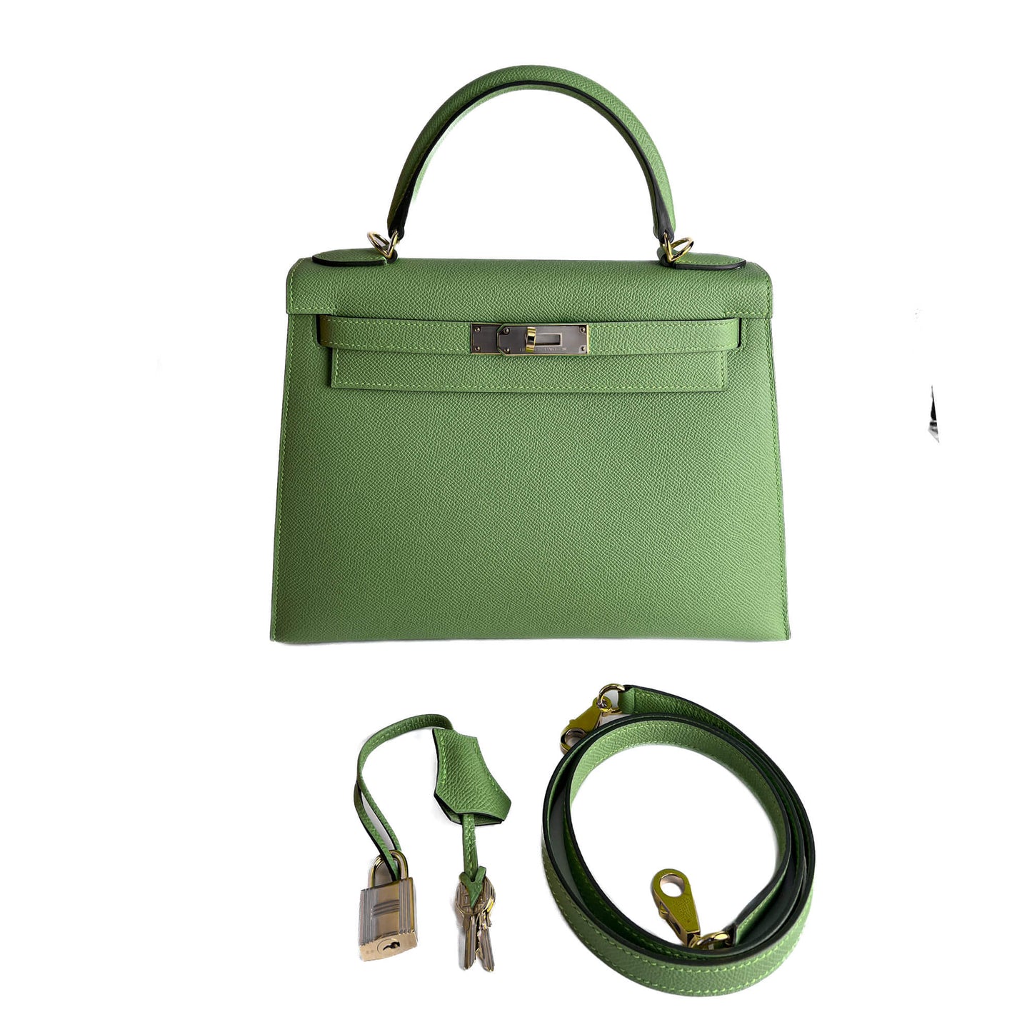 Second hand Hermes Kelly 28 Epsom Leather Sellier Top - Handle Handbag Vert Criquet - Tabita Bags