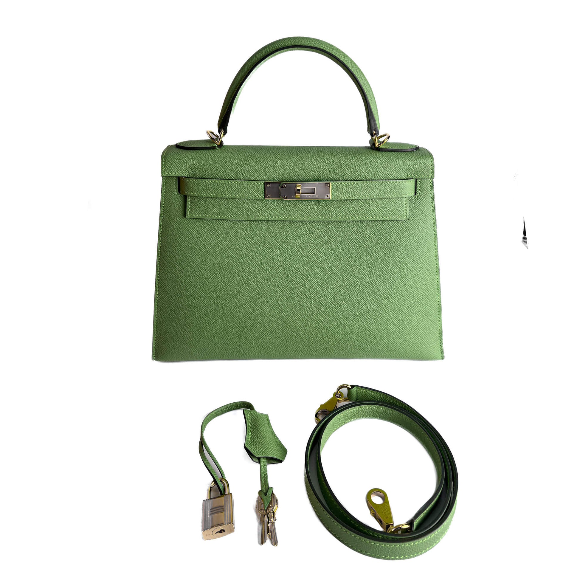 Second hand Hermes Kelly 28 Epsom Leather Sellier Top - Handle Handbag Vert Criquet - Tabita Bags