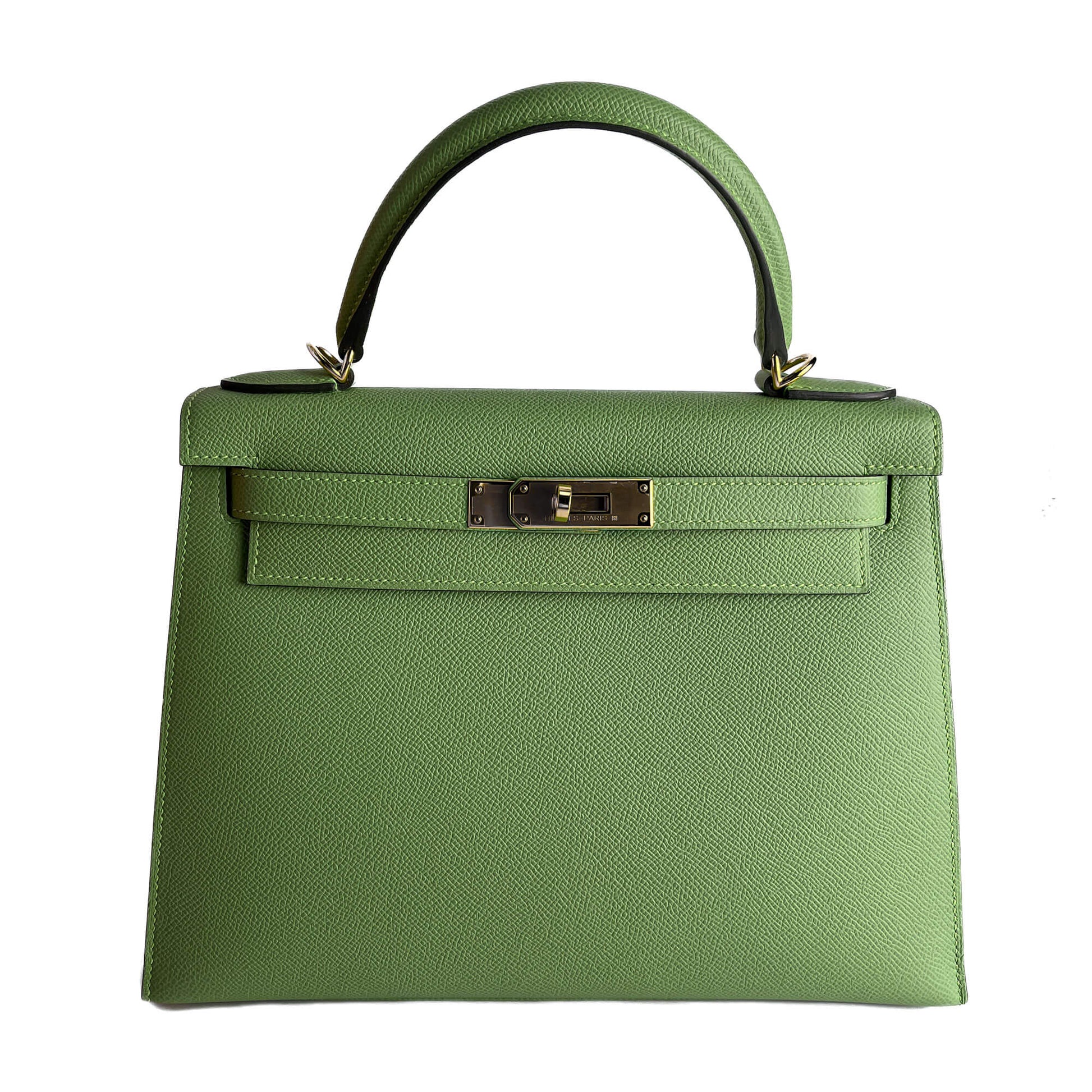 Second hand Hermes Kelly 28 Epsom Leather Sellier Top - Handle Handbag Vert Criquet - Tabita Bags