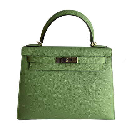 Second hand Hermes Kelly 28 Epsom Leather Sellier Top - Handle Handbag Vert Criquet - Tabita Bags