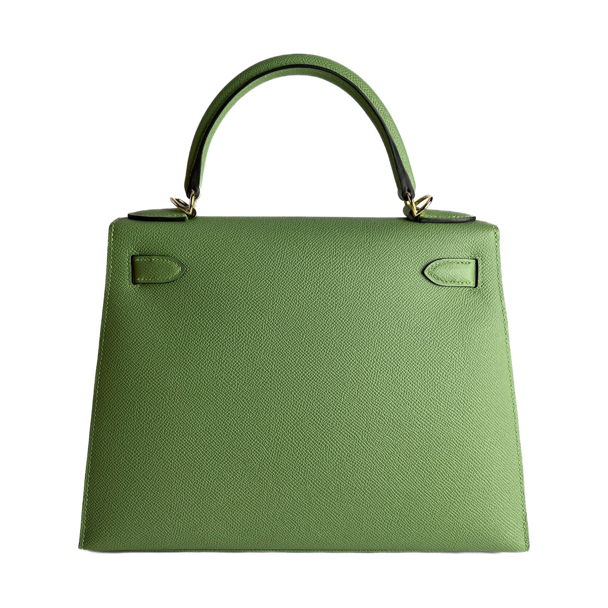 Second hand Hermes Kelly 28 Epsom Leather Sellier Top - Handle Handbag Vert Criquet - Tabita Bags