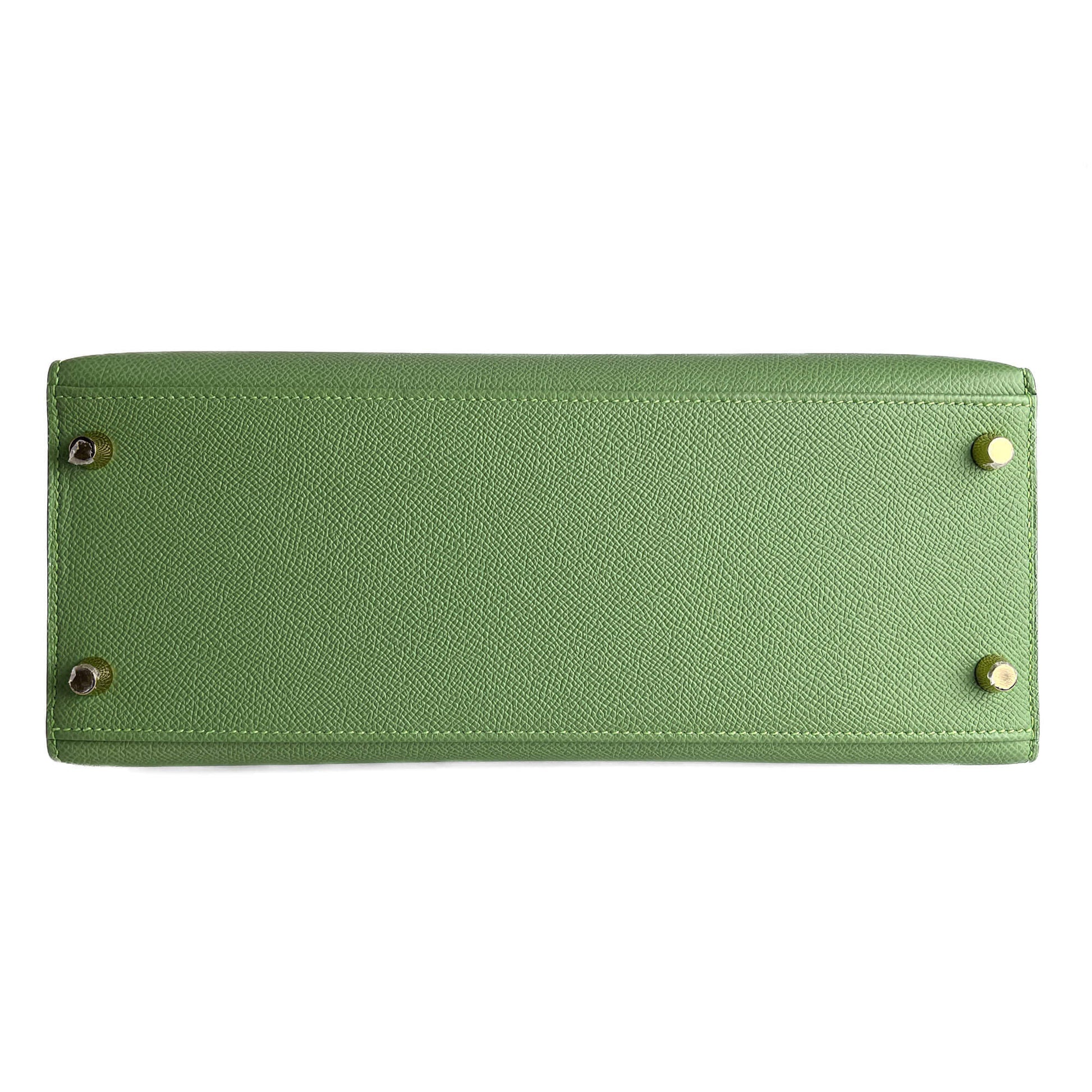 Second hand Hermes Kelly 28 Epsom Leather Sellier Top - Handle Handbag Vert Criquet - Tabita Bags
