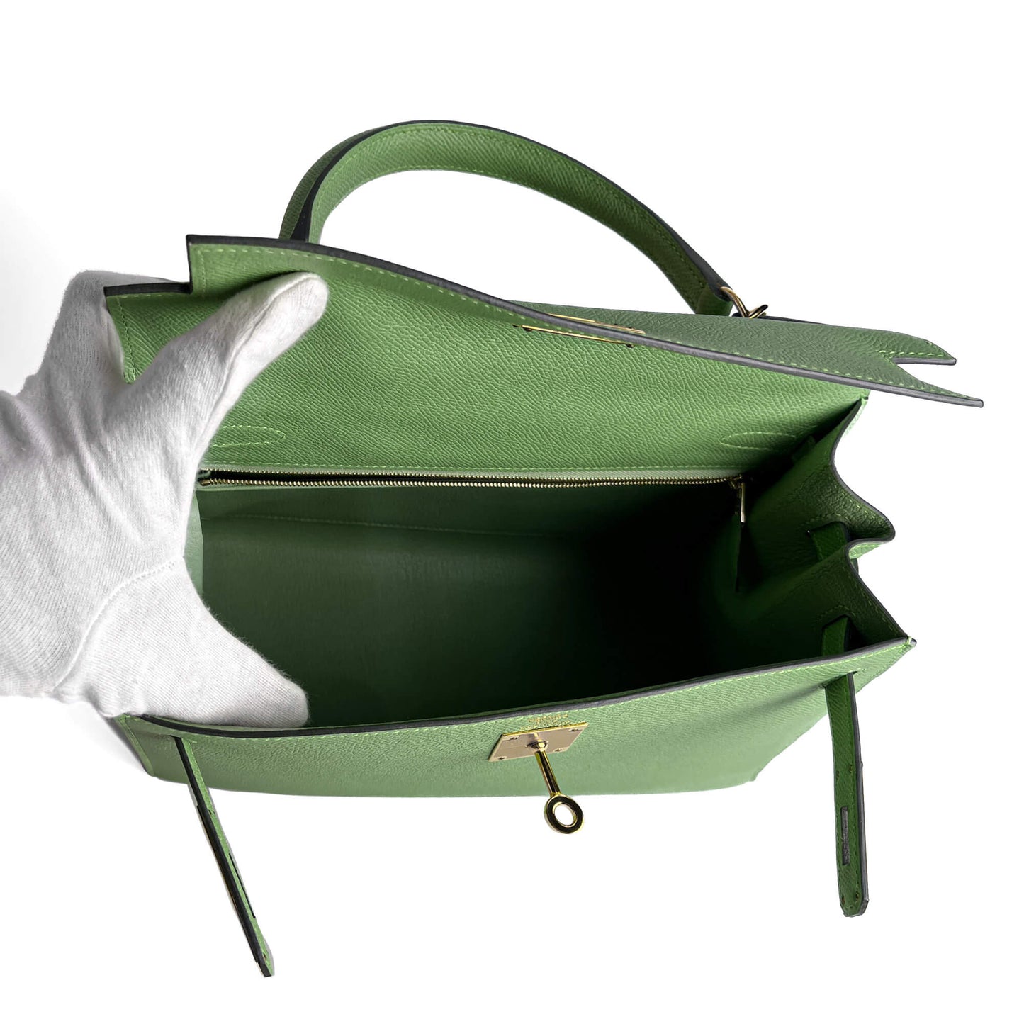Second hand Hermes Kelly 28 Epsom Leather Sellier Top - Handle Handbag Vert Criquet - Tabita Bags