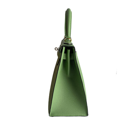 Second hand Hermes Kelly 28 Epsom Leather Sellier Top - Handle Handbag Vert Criquet - Tabita Bags