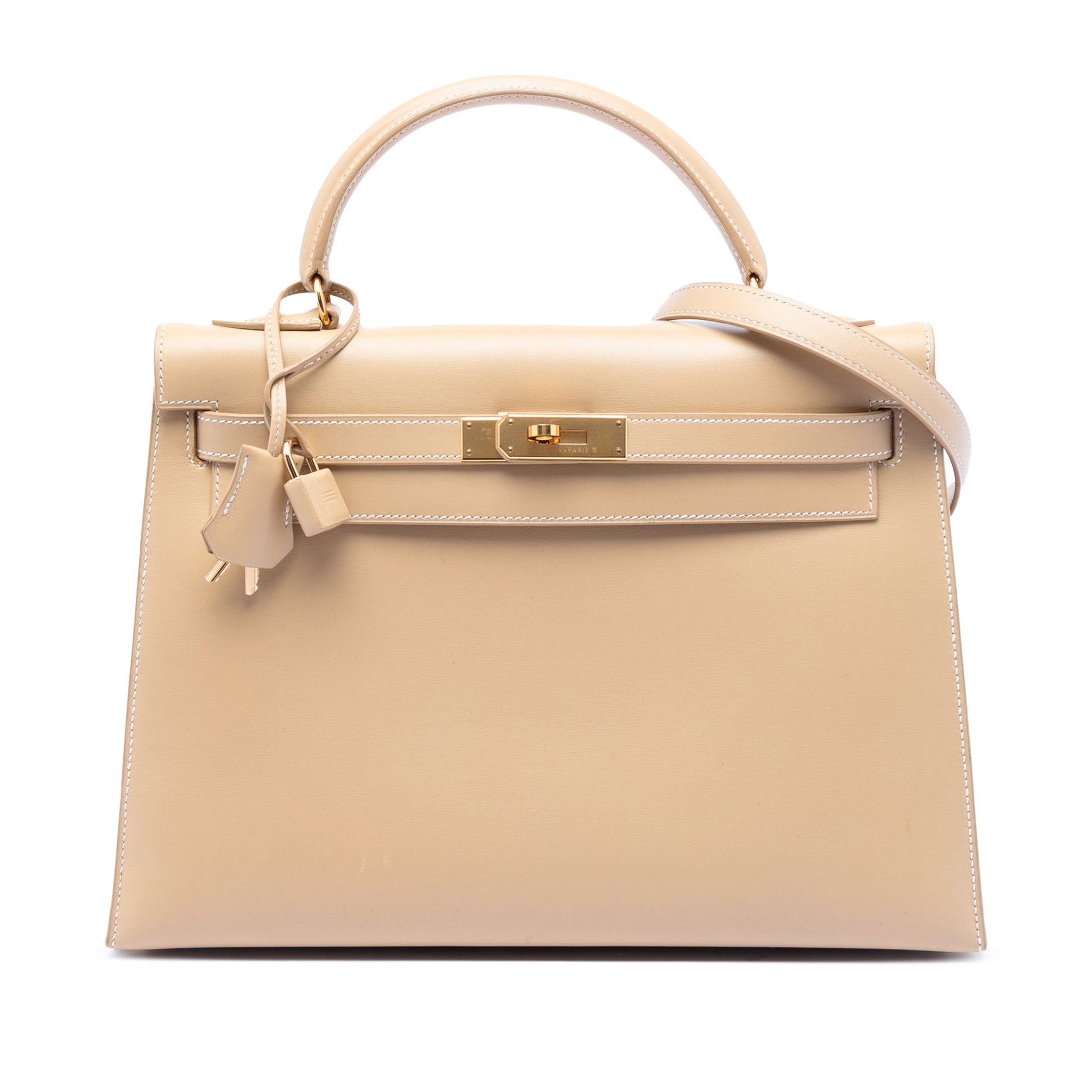 Second hand Hermes Kelly 32 Box Calf Leather Top - handle Handbag Beige - Tabita Bags