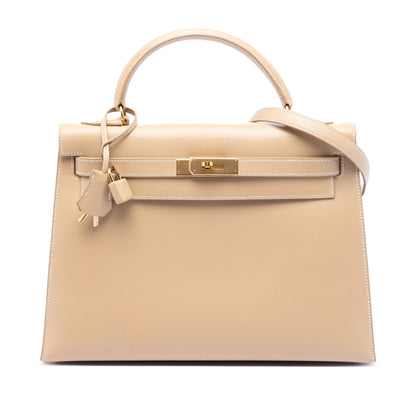 Second hand Hermes Kelly 32 Box Calf Leather Top - handle Handbag Beige - Tabita Bags